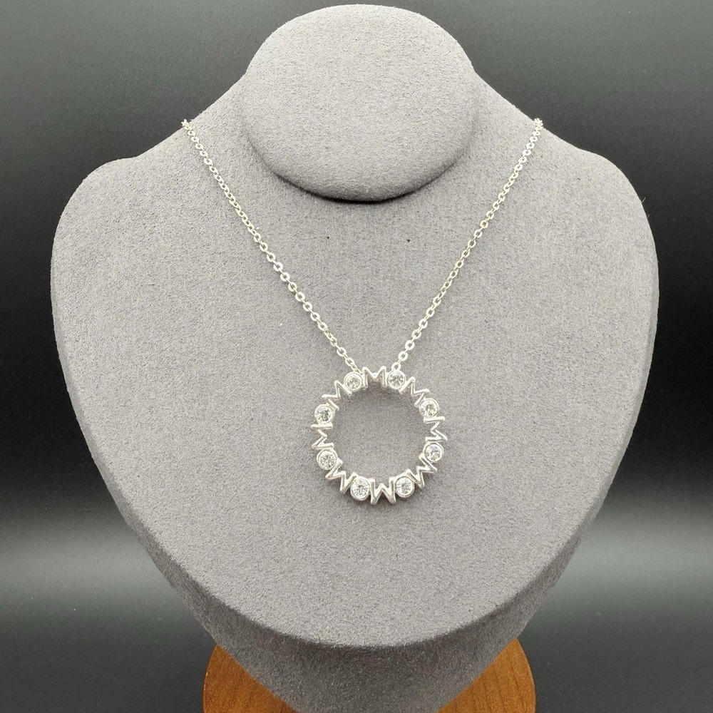 Silver Tone Crystal Rhinestone Circle Pendant Necklace Minimalist Gift for Mom